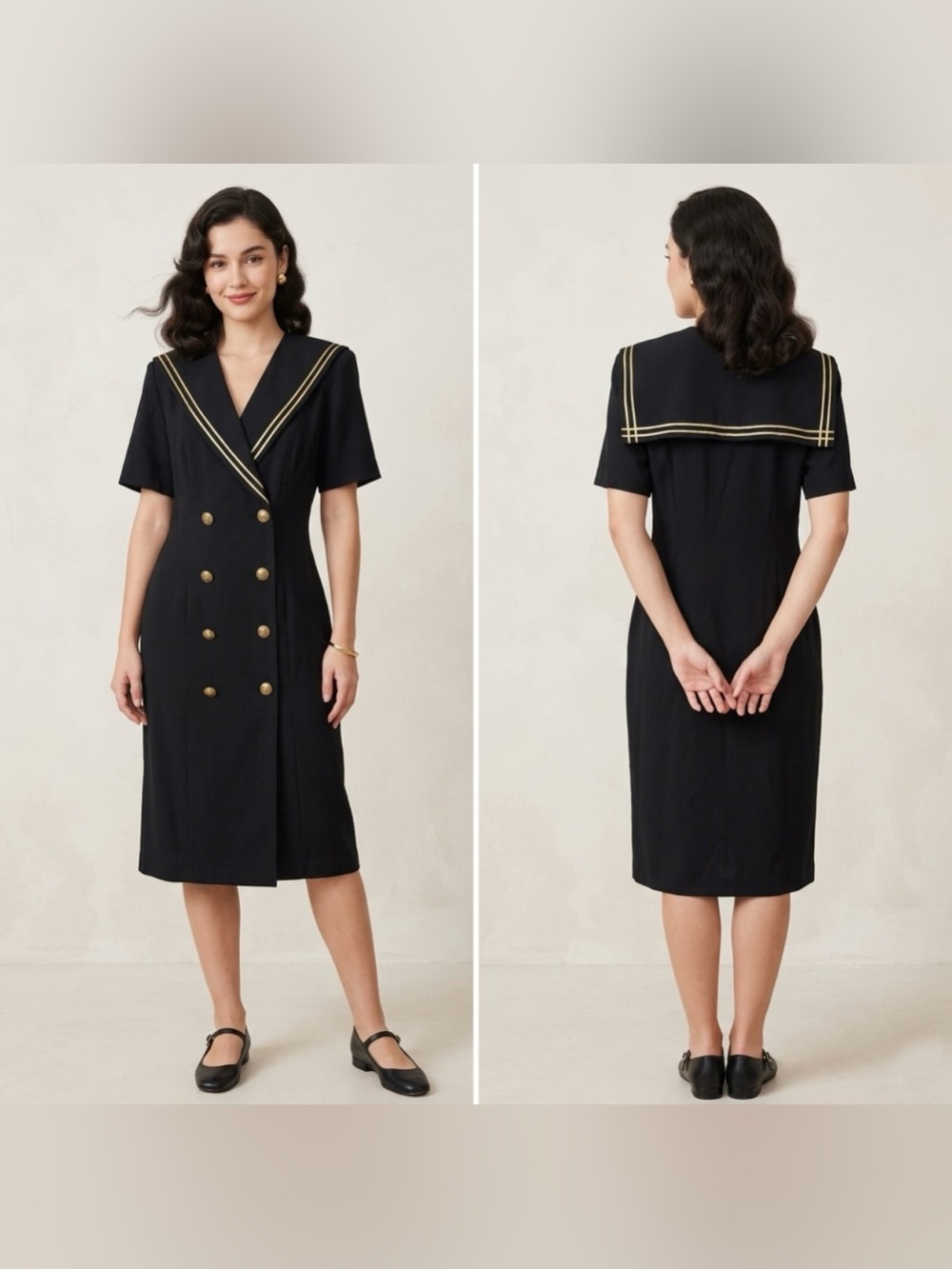 Vintage Leslie Fay Women’s 12 Navy Gold Button Double Breasted 90s Sailor Dress